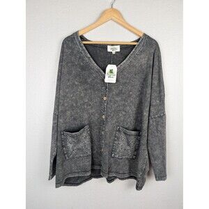 Turquoise Haven Shirt Boho‎ L XL Gray Button Front Angel Wings Embroidered 269